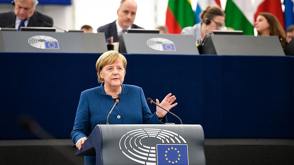 Chancellor Angela Merkel speaks in the European Parliament