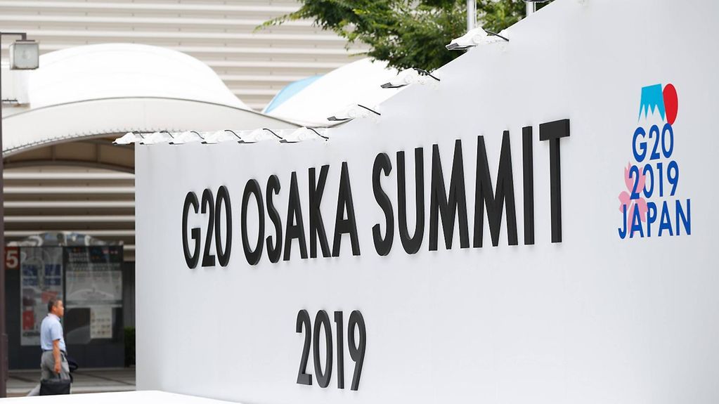 Eingang zum G20-Gipfel in Osaka (Japan).