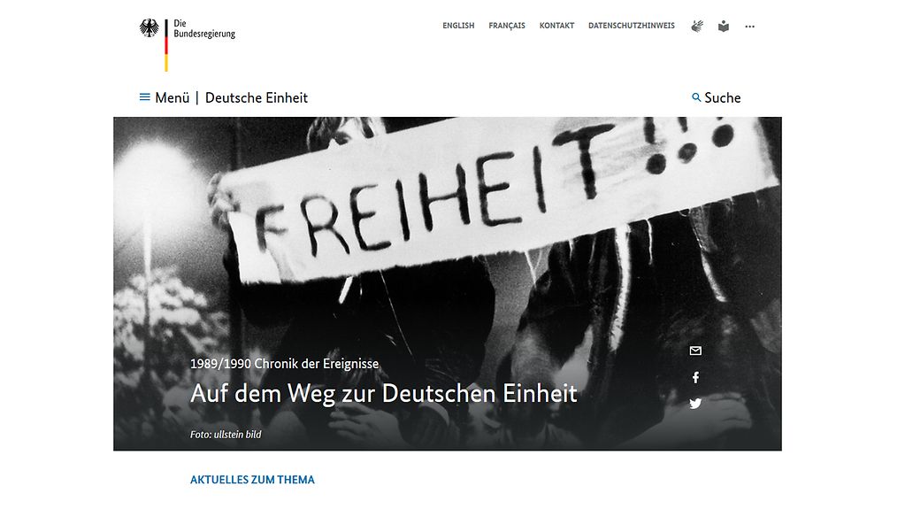 Screenshot der Internet-Start-Seite: "Deutsche Einheit"