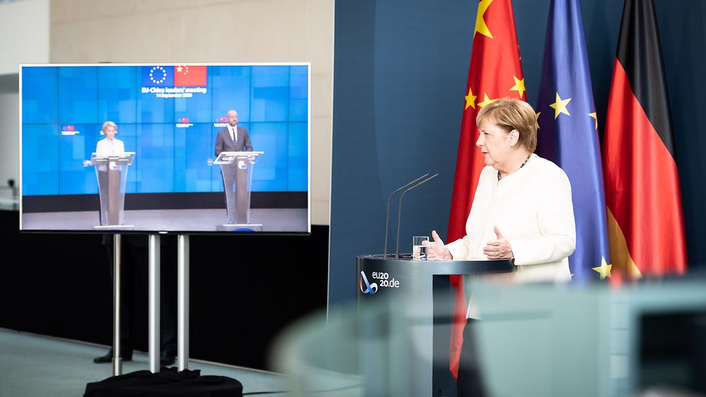 Chancellor Angela Merkel gives an online press conference with Charles Michel and Ursula von der Leyen.