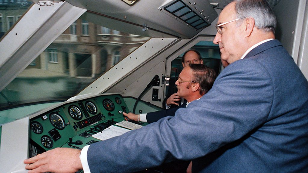 Chancellor Helmut Kohl on board a new ICE train on its way from Bonn Main Station to Koblenz