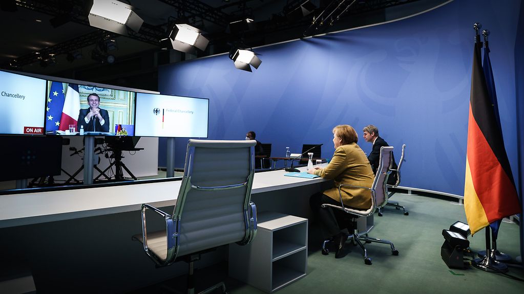 Chancellor Angela Merkel during a video conference with Emmanuel Macron, French President