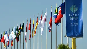 The flags of the G20 states fly in Los Cabos, Mexico.