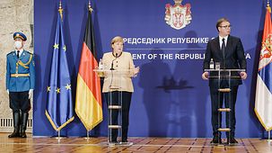 Bundeskanzlerin Angela Merkel und Aleksandar Vucic, Serbiens Präsident, bei gemeinsamer Pressekonferenz.