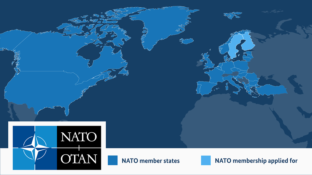 Map showing NATO states in blue, with Sweden and Finland in light blue, as they have applied for membership.