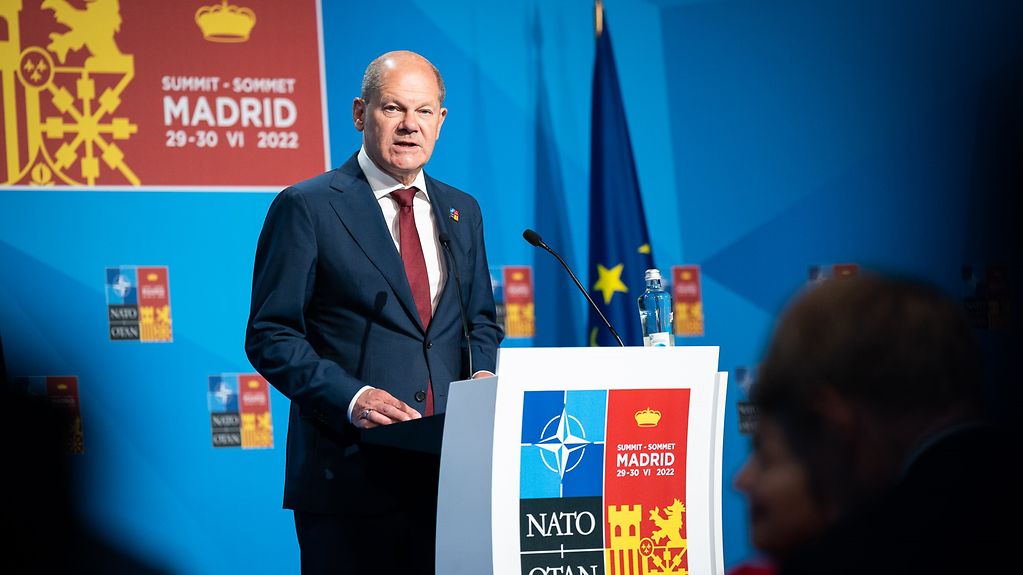 Federal Chancellor Scholz at the press conference following the NATO summit in Madrid.