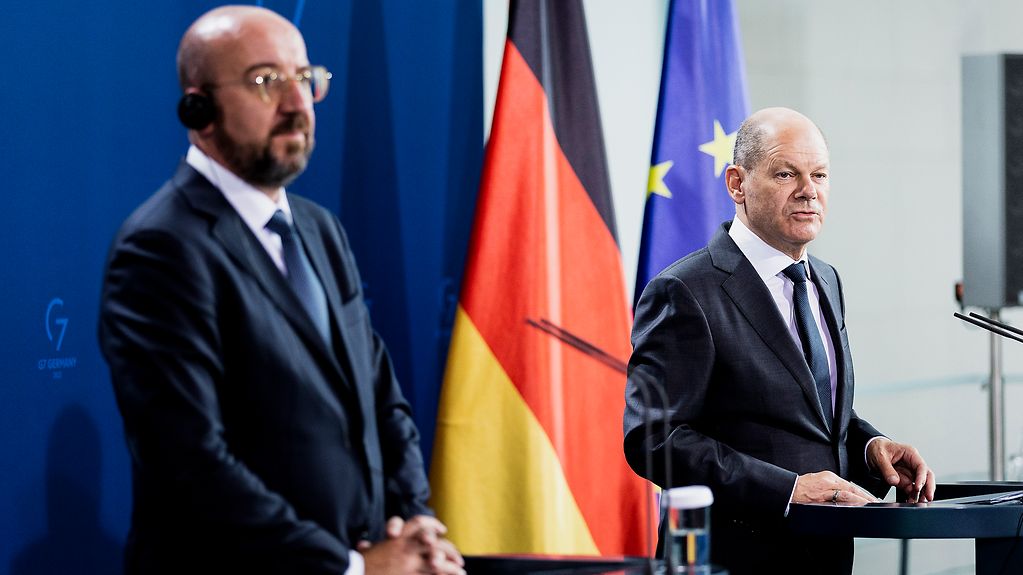 Federal Chancellor Olaf Scholz at a press conference with Charles Michel, the President of the European Council