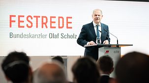 Federal Chancellor Olaf Scholz addresses an event to mark 70 years of the Works Constitution Act.
