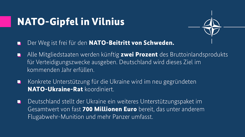 In der Grafik werden die vier zentralen Ergebnisse des NATO-Gipfels zusammengefasst.