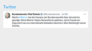 Martin #Walser hat die Literatur der Bundesrepublik über Jahrzehnte geprägt. Seine Bücher haben Generationen gelesen, seine Freude am Argument hat uns viele lebhafte Debatten beschert. Mein Beileid gilt seiner Familie.