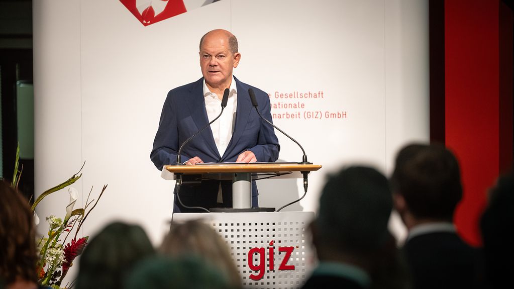 Olaf Scholz making a speech at the Annual Reception of the Deutsche Gesellschaft für Internationale Zusammenarbeit (GIZ).