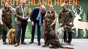 Das Foto zeigt Bundeskanzler Friedrich Merz beim Rundgang über die Grüne Woche am Stand des Deutschen Jagdverbands mit Hunden.