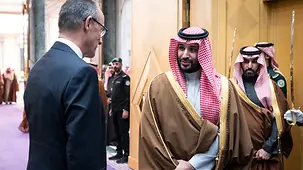 The photo shows Federal Chancellor Friedrich Merz in conversation with the Crown Prince of Saudi Arabia.