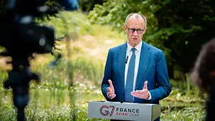 Federal Chancellor Friedrich Merz delivering a press statement at the conclusion of the G7 summit.