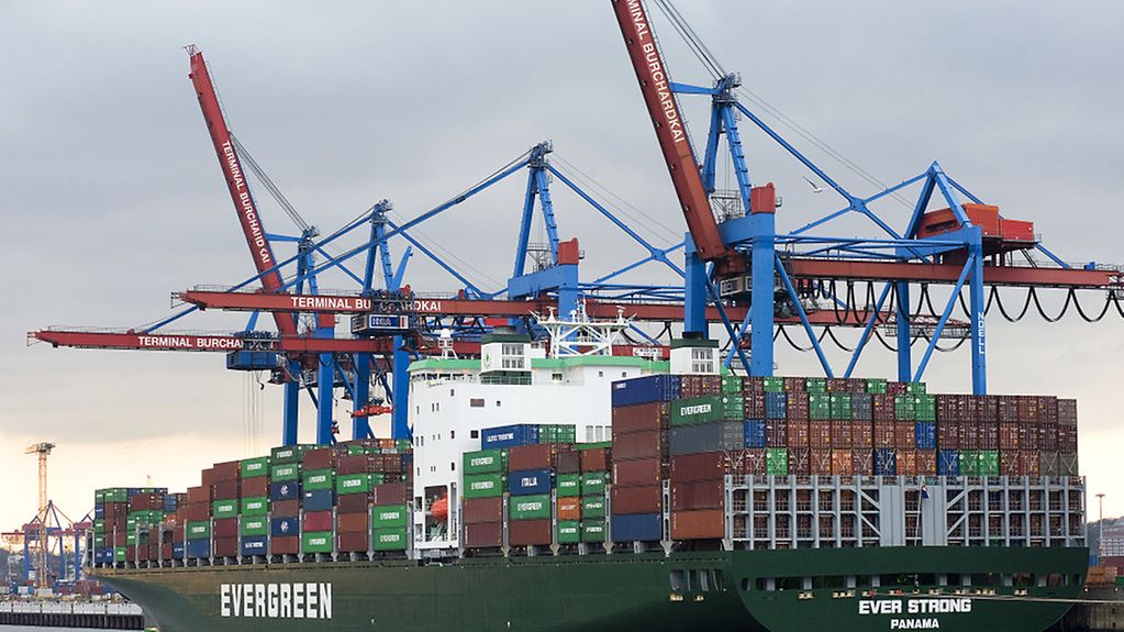 Im Hamburger Hafen wird ein großes Schiff beladen.