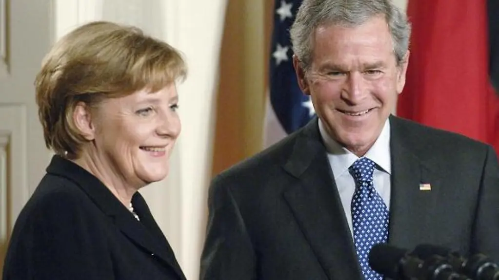 Chancellor Merkel and President Bush at their press conference.