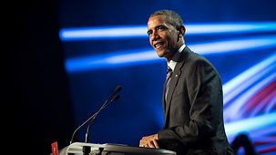 US-Präsident Barack Obama spricht bei der Eröffnung der Hannover Messe.