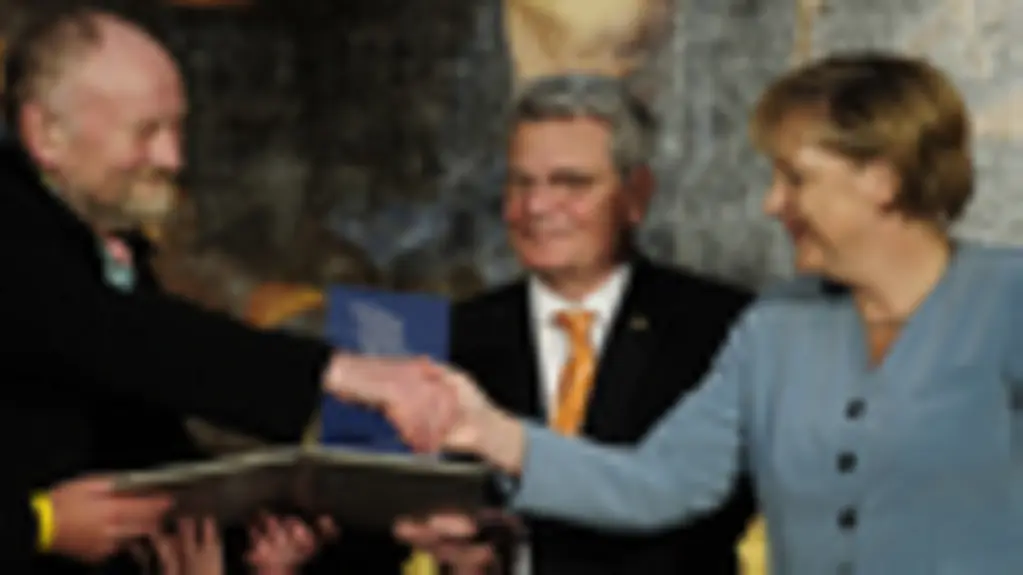 Kurt Westergaard, Joachim Gauck and Angela Merkel