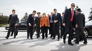 Chancellor Angela Merkel arrives at the Anıtkabir Atatürk Memorial.