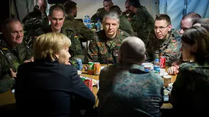 Chancellor Angela Merkel talks to German troops stationed in Kahramanmaras to man the Patriot Systems.